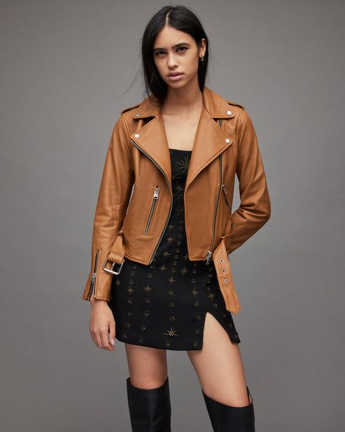 Women’s Tan Brown Leather Biker Jacket – Classic Moto Style