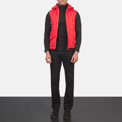 Men’s Red Leather Hooded Puffer Vest – Funston Insulated Style