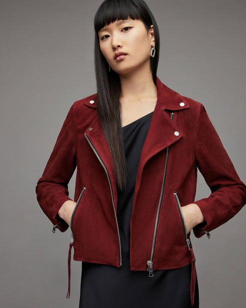 Women’s Red Suede Leather Biker Jacket – Chic Moto Style