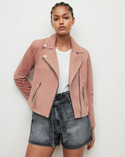 Women’s Pink Suede Leather Biker Jacket – Chic Moto Style