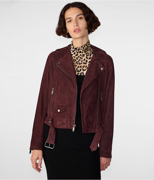 Women’s Maroon Suede Leather Biker Jacket – Elegant Moto Style
