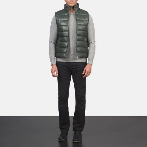 Reeves Men’s Green Leather Puffer Vest – Premium Insulated Style