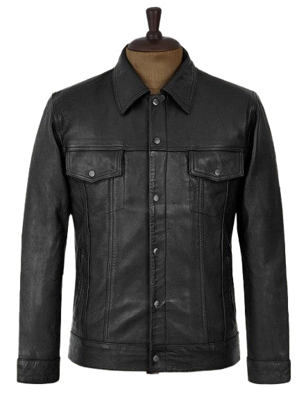 Men’s Black Lambskin Leather Trucker Jacket – Classic & Rugged