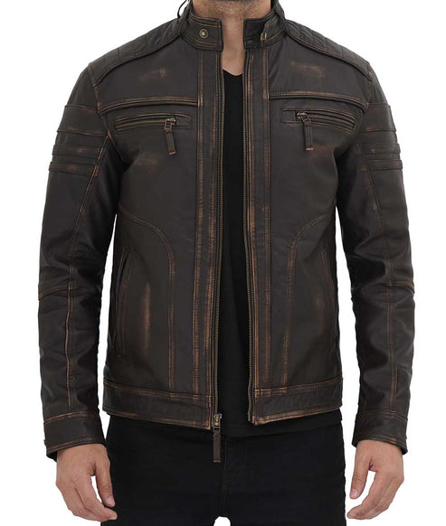 Bravo Bros Men’s Distressed Coffee Brown Café Racer Leather Jacket