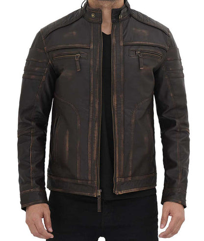 Bravo Bros Men’s Distressed Coffee Brown Café Racer Leather Jacket