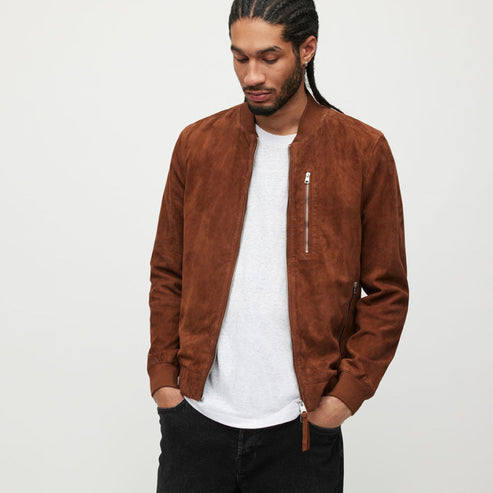 Men’s Classic Brown Suede Leather Bomber Jacket – Timeless Style by Bravo Bros