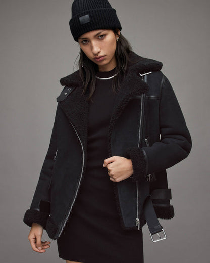 Women’s Black Suede Shearling Biker Jacket – Premium Leather Style