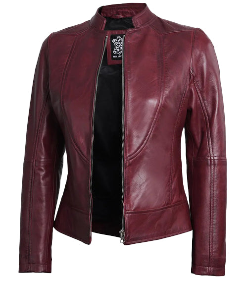Bravo Bros Women’s Maroon Slim-Fit Café Racer Leather Jacket