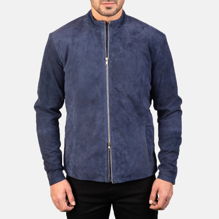 Bravo Bros Men’s Charcoal Navy Blue Suede Biker Jacket – Midnight Rider Edition