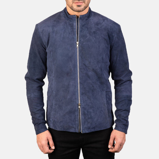 Bravo Bros Men’s Charcoal Navy Blue Suede Biker Jacket – Midnight Rider Edition