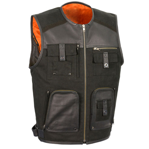 Men’s Leather & Canvas Utility Vest – Multi-Pocket Zipper Front