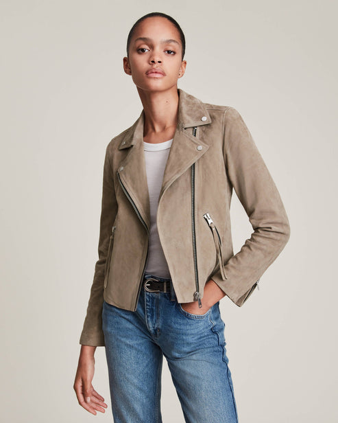 Women’s Tan Beige Suede Leather Biker Jacket – Timeless Moto Elegance