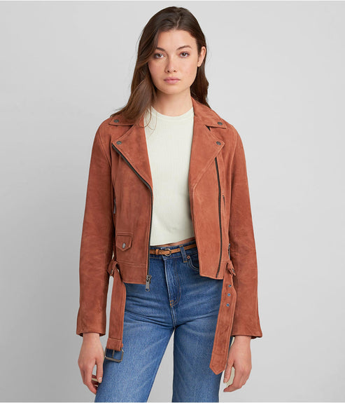 Women’s Tan Brown Suede Leather Biker Jacket – Refined Moto Classic