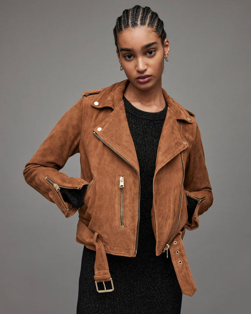 Women’s Tan Brown Suede Leather Biker Jacket with Belt – Chic Moto Elegance