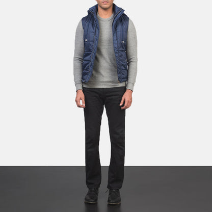 Bravo Bros Funston Men’s Blue Hooded Leather Puffer Vest