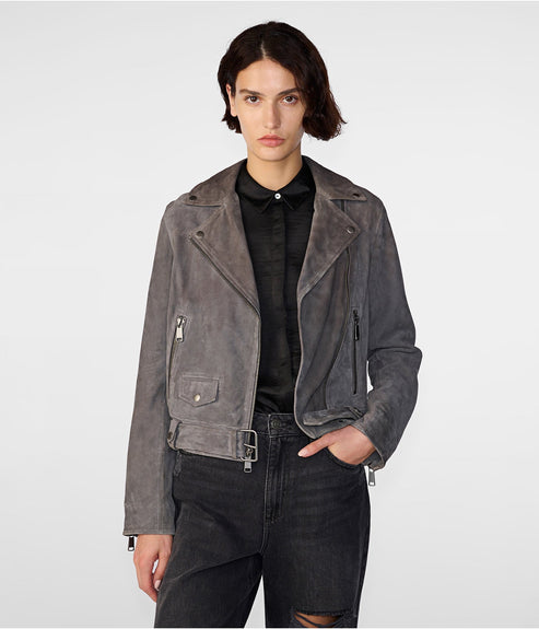 Women’s Gray Suede Leather Biker Jacket – Modern Moto Elegance