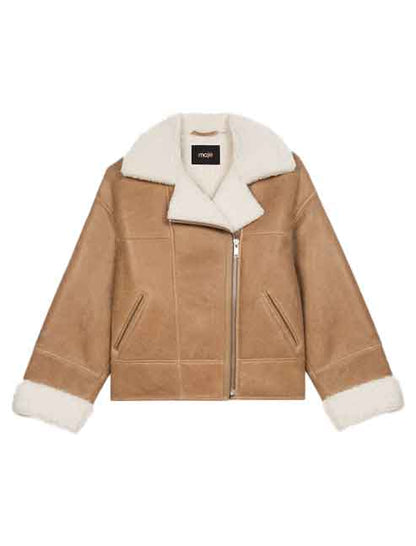 Women’s Tan Brown Shearling Leather Biker Jacket – Warm Moto Elegance
