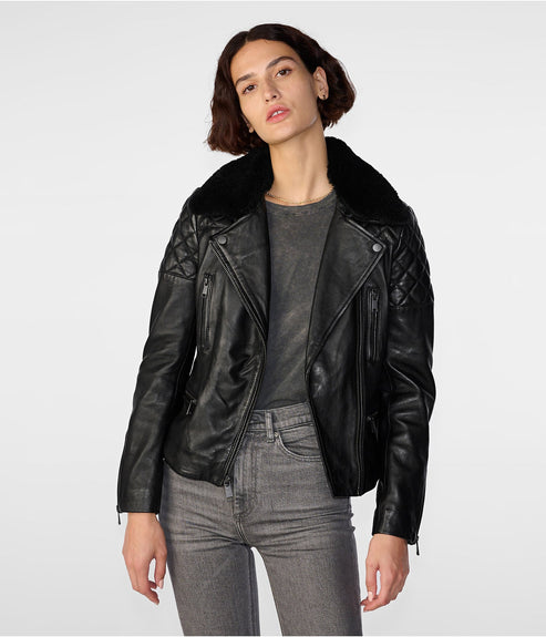 Women’s Black Shearling Leather Biker Jacket – Luxe Winter Moto Style