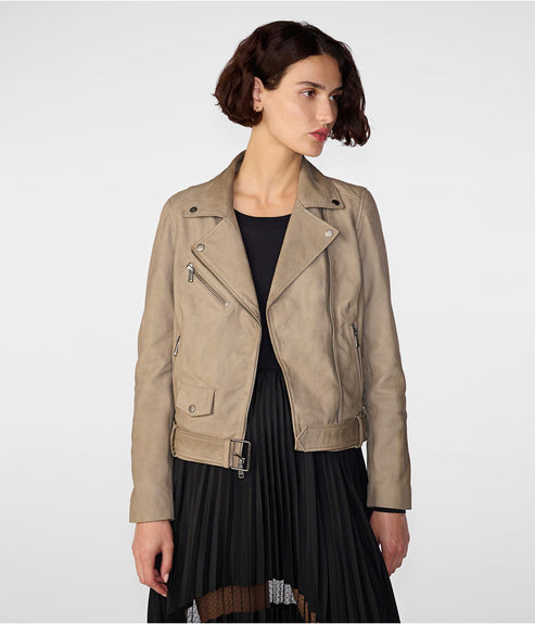 Women’s Tan Beige Suede Leather Biker Jacket – Timeless Moto Elegance
