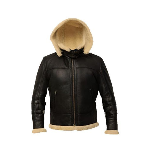 Men’s Black B3 Shearling Bomber Leather Jacket with Removable Hood