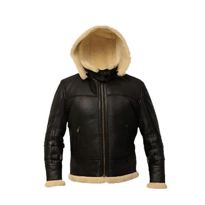 Men’s Black B3 Shearling Bomber Leather Jacket with Removable Hood