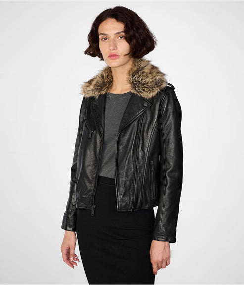 Women’s Black Leather Biker Jacket with Removable Fur Collar – Luxe Moto Style