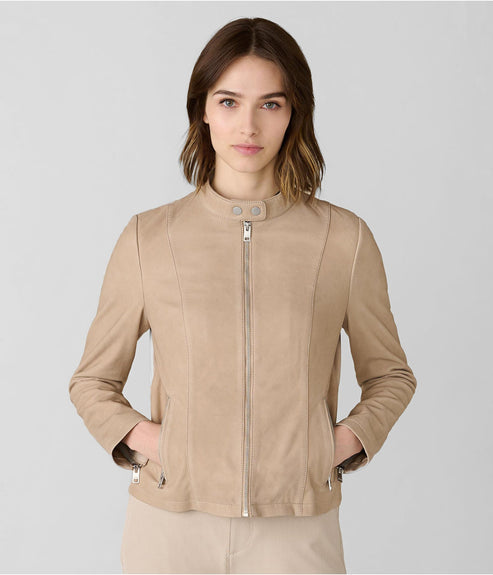 Women’s Beige Leather Moto Jacket – Chic & Timeless
