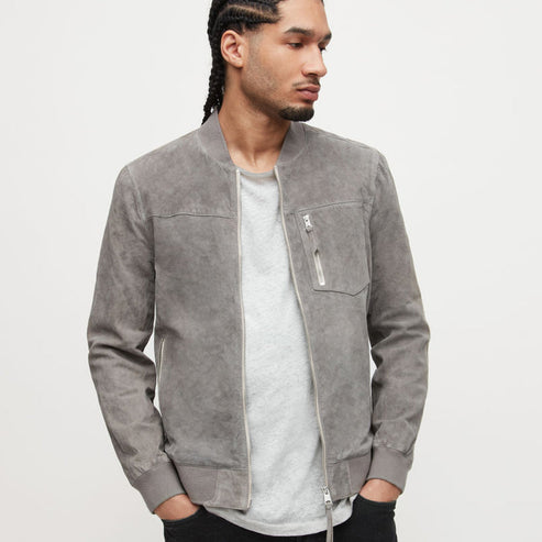 Men’s Grey Suede Leather Bomber Jacket – Sleek Sophistication by Bravo Bros