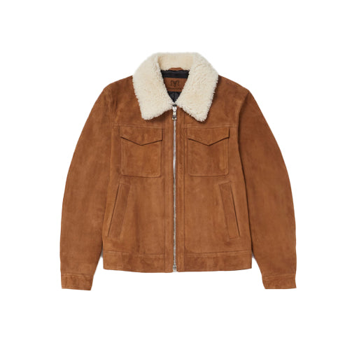 Men’s Brown Suede Leather Trucker Jacket with Fur Collar – Classic & Warm