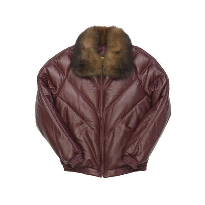 Men’s Burgundy Fur V-Bomber Leather Jacket