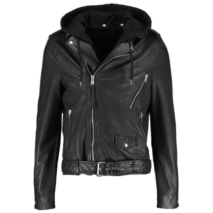 Men’s Lupe Black Leather Jacket with Removable Hood