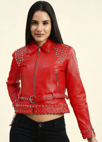 Women’s Black Studded Leather Biker Jacket – Bold Moto Edge