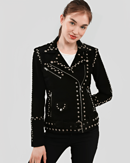 Women’s Black Studded Suede Leather Biker Jacket – Luxe Moto Edge