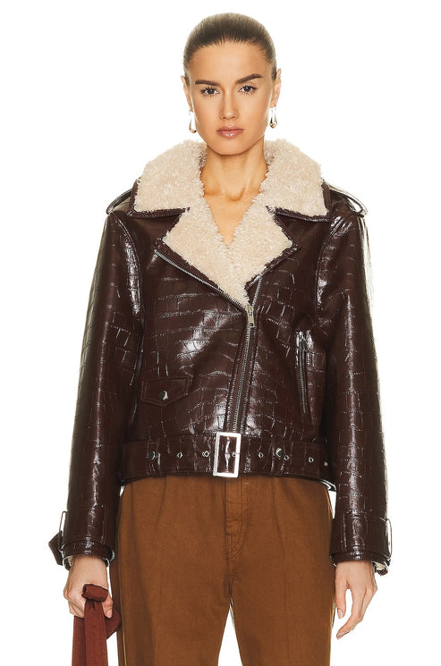 Women’s Dark Brown Crocodile-Textured Shearling Leather Biker Jacket – Luxe Winter Moto