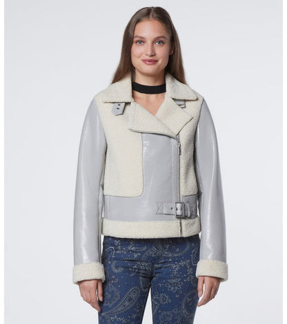 Women’s Pearl Blue Shearling Leather Biker Jacket – Luxe Winter Moto
