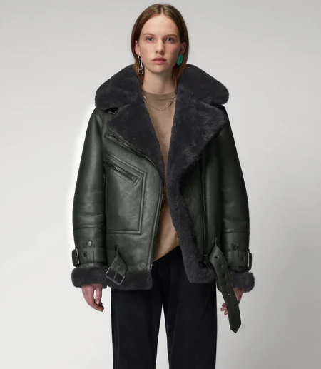 Women’s Khaki Sheepskin Bomber Biker Jacket – Luxe Aviator Moto