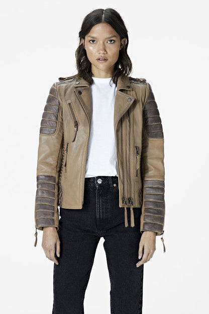 Bravo Bros Women’s Beige Café Racer Leather Jacket with Gray Quilted Panels