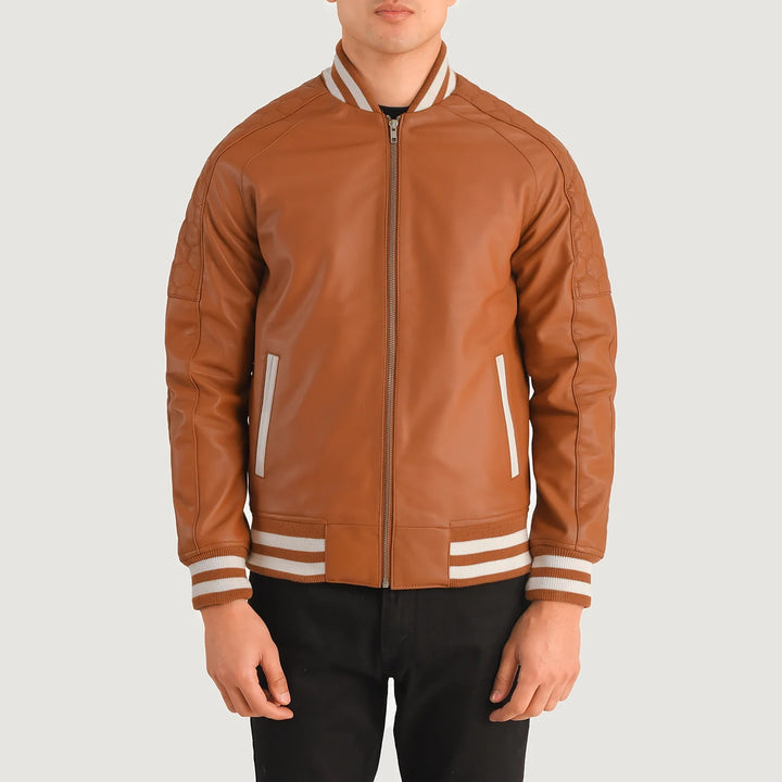 Bravo Bros Men’s Tan Brown Leather Varsity Jacket
