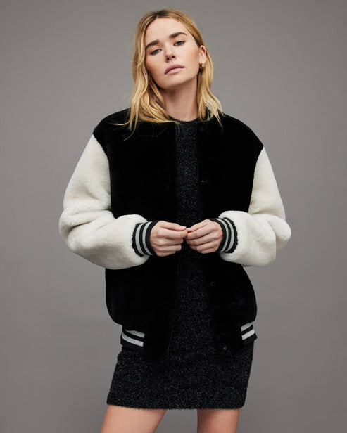 Women’s White & Black Shearling Bomber Jacket – Premium Warm Style