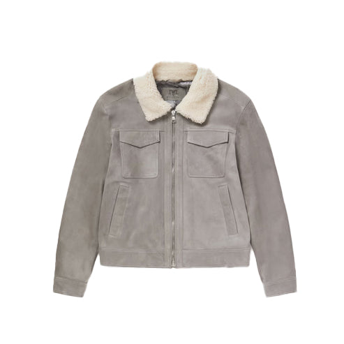 Men’s Grey Suede Leather Trucker Jacket with White Fur Collar – Classic & Stylish