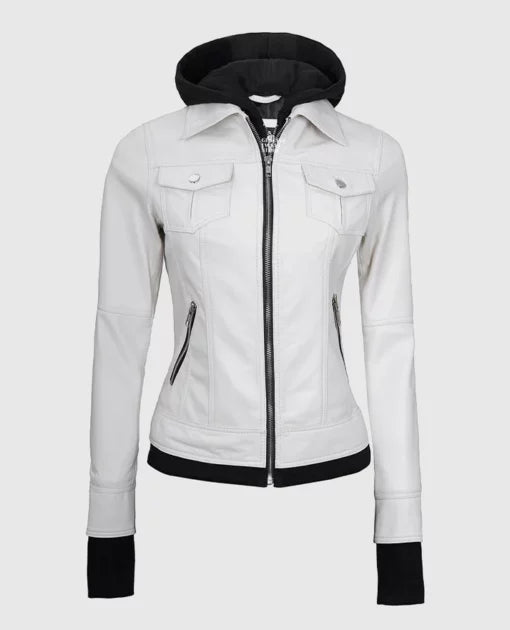 Women’s White Leather Jacket with Removable Hood
