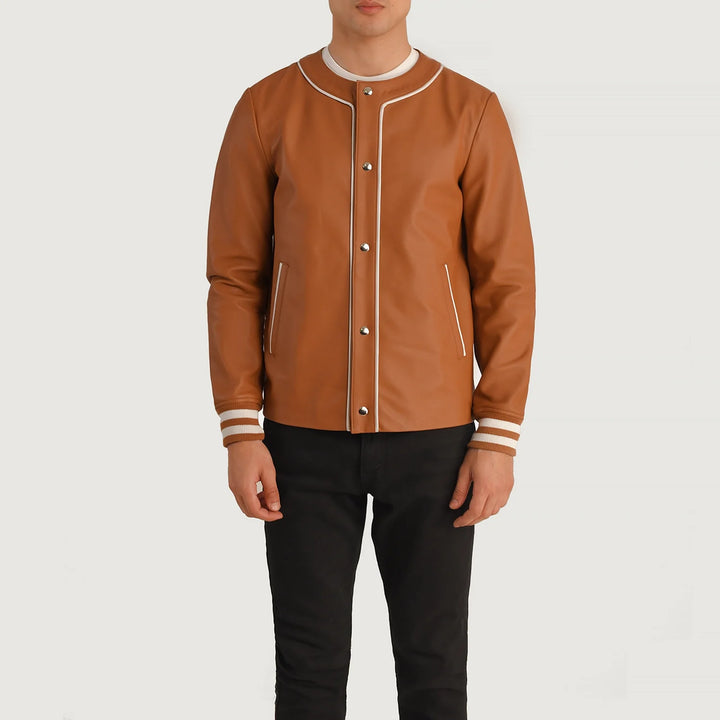 Bravo Bros Men’s Tan Brown Leather Varsity Jacket – Heritage Edition