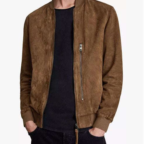 Men’s Brown Suede Bomber Jacket – Genuine Leather Classic