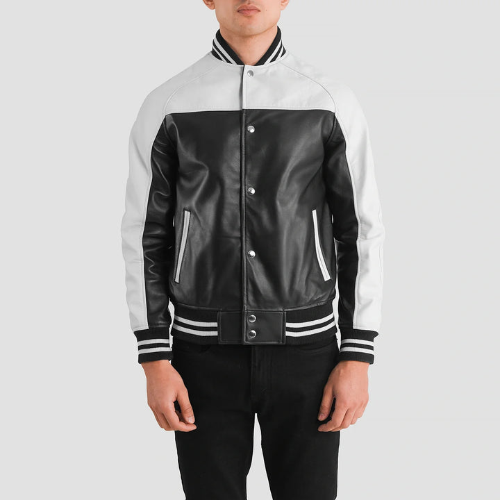 Bravo Bros Men’s Black & White Leather Varsity Jacket – Classic Contrast Edition