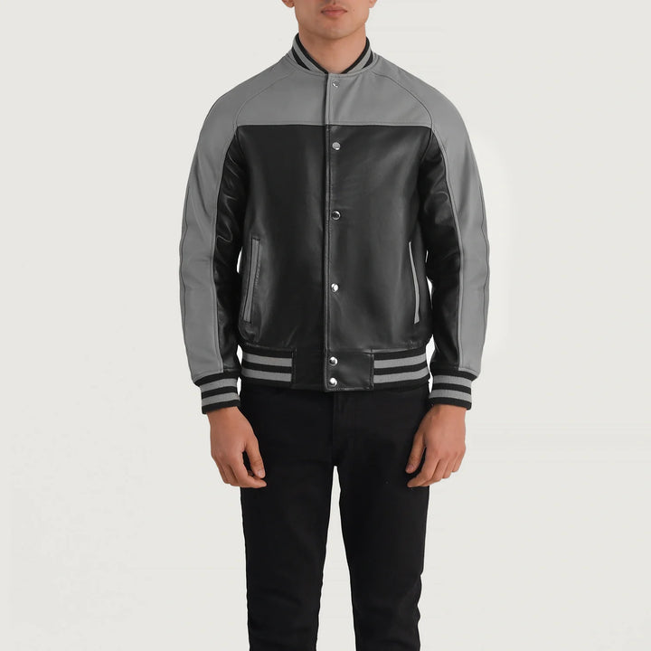Bravo Bros Men’s Black & Grey Leather Varsity Jacket – Modern Contrast Edition