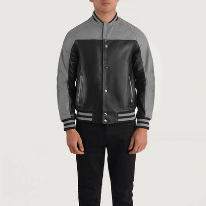 Bravo Bros Men’s Black & Grey Leather Varsity Jacket – Modern Contrast Edition