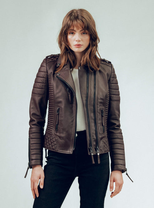 Bravo Bros Women’s Dark Brown Café Racer Leather Biker Jacket