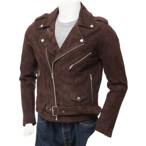 Men’s Dark Chocolate Brown Suede Biker Jacket