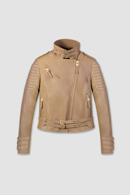 Bravo Bros Women’s Beige Biker Café Racer Leather Jacket