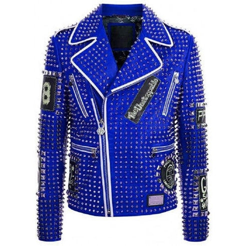 Men’s Blue Spiked Patchwork Moto Jacket